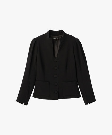 ブラック トリアセテート クレープ 7分袖 スタンドカラー ジャケット