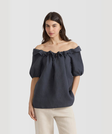 リネン ワイドネック 半袖 ブラウス