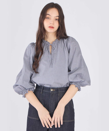 ギンガムチェック コットン フリル 長袖 ブラウス