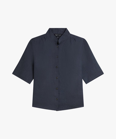 リネン キャンバス スタンドカラー 半袖 シャツ "Ginette"