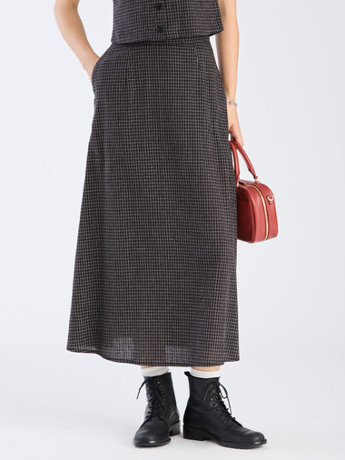 【Outlet】モノトーン チェック コットン リネン ロングスカート