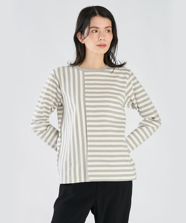 【by R 限定品】agnes b. 細ボーダーxストライプ コットン 長袖 Tシャツ "Haru"