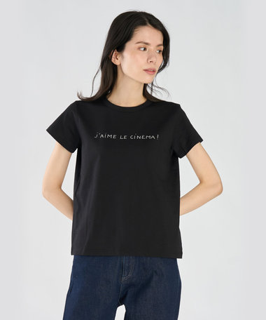 メッセージ プリント コットン 半袖 Tシャツ "J'aime le cinema!"