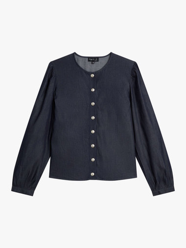 デニム シャンブレー ボリュームスリーブ ブラウス "New Caraco"