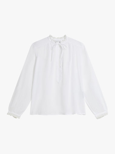 ガーゼ調コットン リボン フリルネック 長袖 ブラウス "Tiziano"