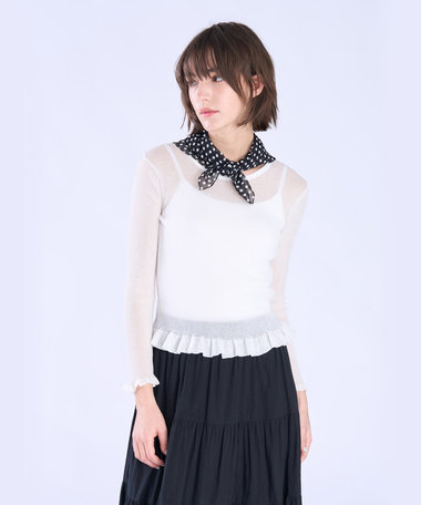 シアー リブ フリル 長袖 ニット プルオーバー