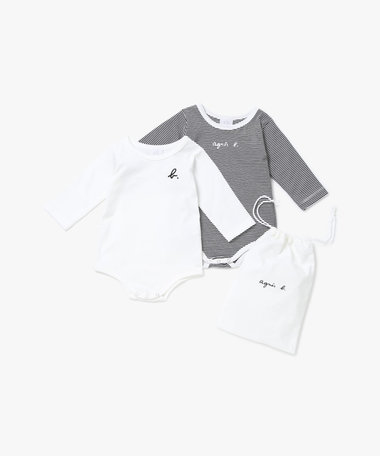ベビー ロゴ ボーダー コットン 長袖 ボディスーツ 2枚組