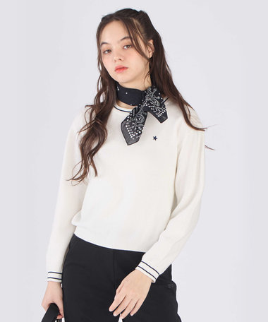 スター 刺繍 ライン コットン 長袖 ニット プルオーバー