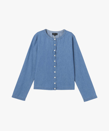 デニム シャンブレー 長袖 カーディガンプレッション