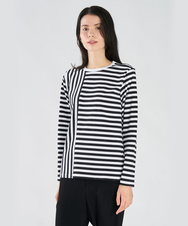 【by R 限定品】agnes b. 細ボーダーxストライプ コットン 長袖 Tシャツ "Haru"