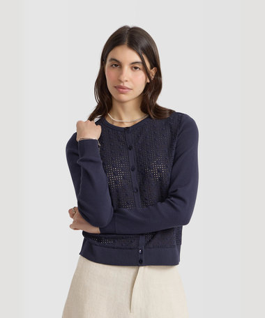 レース 刺繍 コットン ニット 長袖 カーディガンプレッション "Swing"