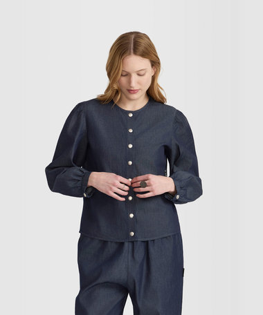 デニム シャンブレー ボリュームスリーブ ブラウス "New Caraco"