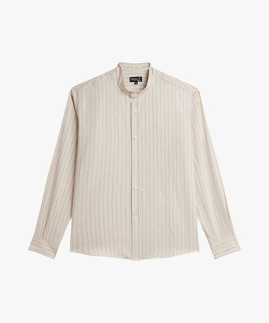 メンズ ストライプ リネン 長袖 スタンドカラー シャツ "Ouran"