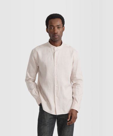 メンズ ストライプ リネン 長袖 スタンドカラー シャツ "Ouran"