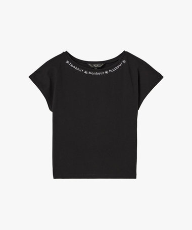 メッセージ 刺繍 コットン 半袖 Tシャツ "Bonheur"