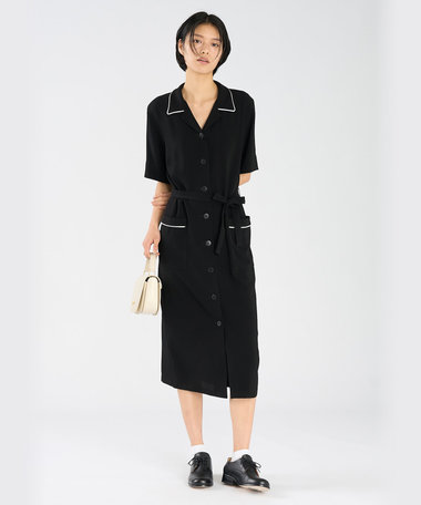 ブラック トリアセテート クレープ 半袖 ワンピース "New Barbe"