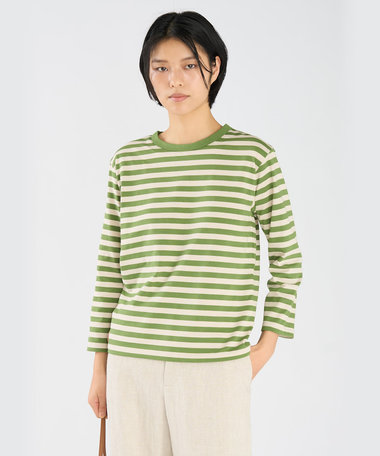 細ボーダー コットン 七分袖 Tシャツ "Lil Cool"