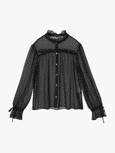 ドットプリント ヨウリュウ 長袖 ギャザー ブラウス