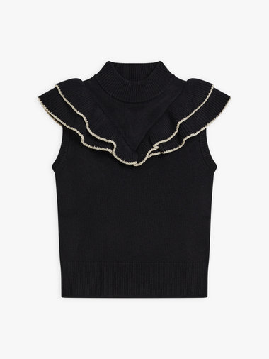 【Outlet】フリル ウール カシミヤ ノースリーブ ニットトップス "Volants"