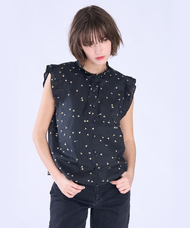 ミニフラワー コットン ノースリーブ フリル ブラウス