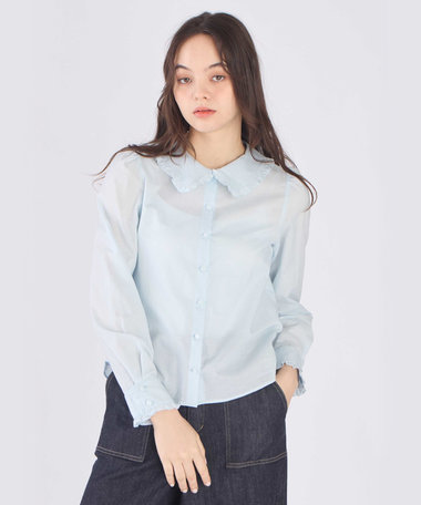 コットン フリルカラー 長袖 ブラウス