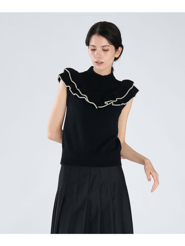 【Outlet】フリル ウール カシミヤ ノースリーブ ニットトップス "Volants"
