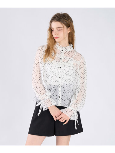 ドットプリント ヨウリュウ 長袖 ギャザー ブラウス