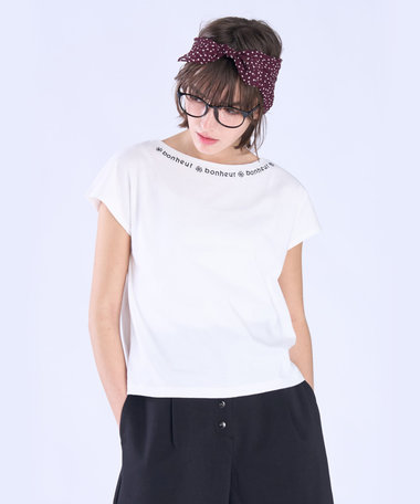 メッセージ 刺繍 コットン 半袖 Tシャツ "Bonheur"