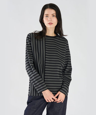 【by R 限定品】agnes b. 細ボーダーxストライプ コットン 長袖 Tシャツ "Haru"