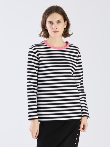 細ボーダー コットン 長袖 Tシャツ "Biotop"