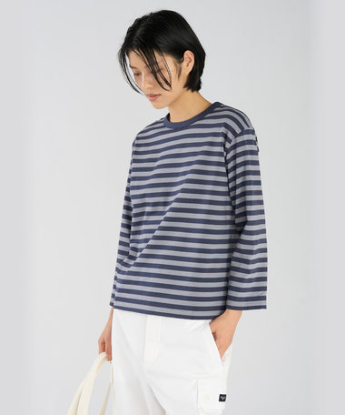 細ボーダー コットン 七分袖 Tシャツ "Lil Cool"