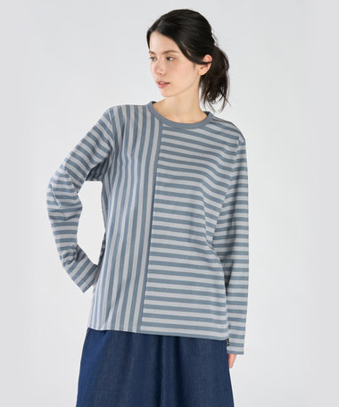 【by R 限定品】agnes b. 細ボーダーxストライプ コットン 長袖 Tシャツ "Haru"