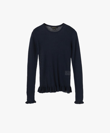 シアー リブ フリル 長袖 ニット プルオーバー