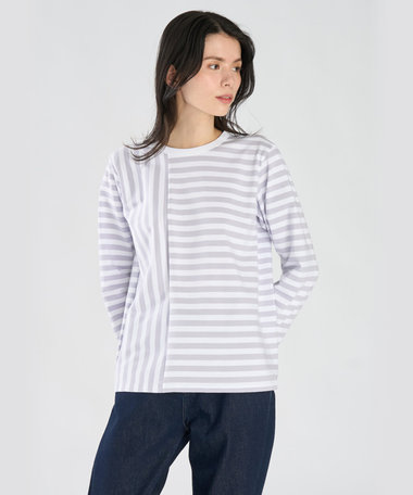 【by R 限定品】agnes b. 細ボーダーxストライプ コットン 長袖 Tシャツ "Haru"